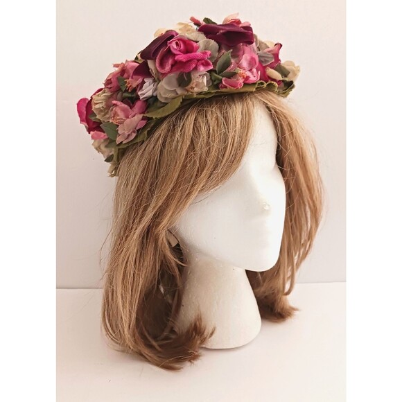 VTG Marche Floral Pillbox Hat Multi Overall 3D Flowers 50-60s Union Made USA - Picture 3 of 9